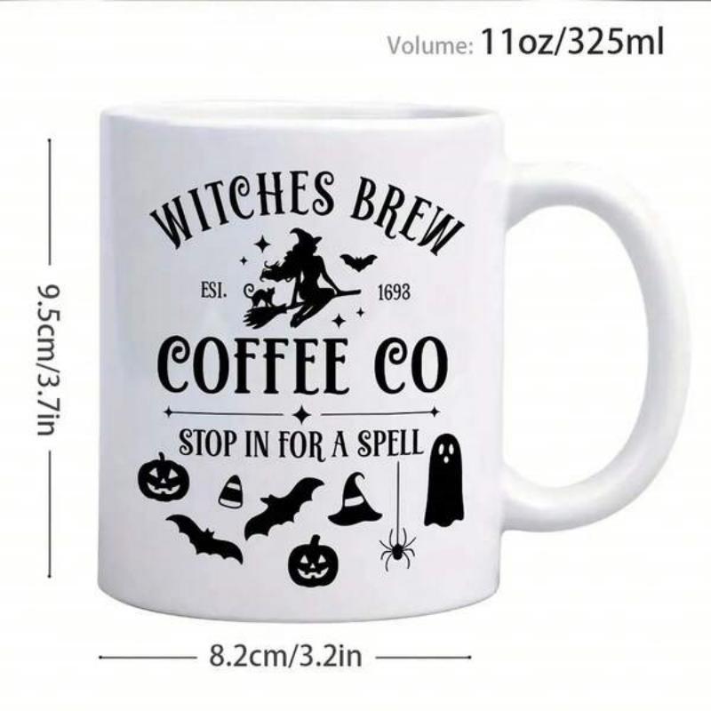Tailorly White Ceramic 11 oz Mug - Witches Brew Coffee Co Stop In For A Spell Silhouette Witch Flying On Broom Surrounded By Spooky Halloween Elements Mug