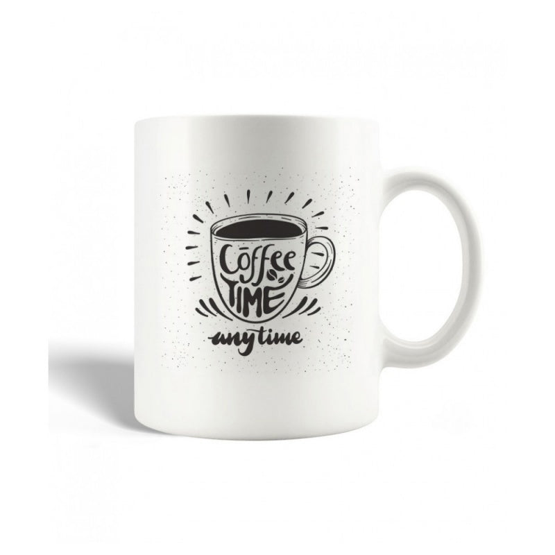 Tailorly White Ceramic 11 oz Mug - Coffee Time Anytime Minimalist Black Sketch Featuring Radiating Lines Around A Steaming Beverage Cup