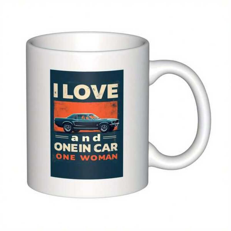 Tailorly White Ceramic 11 oz Mug - I Love Car One Woman Vintage Muscle Car Parked Against A Vibrant Orange Sunset Background Car