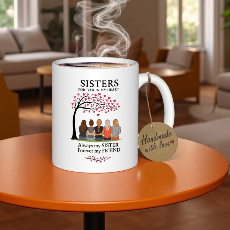 Tailorly White Ceramic 11 oz Mug - Sisters Forever In My Heart Always My Sister Forever My Friend Five Silhouettes Sitting Together Under A Branching Heart Shaped