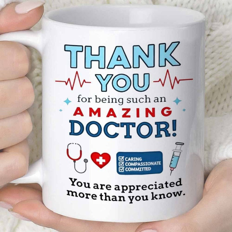 Tailorly White Ceramic 11 oz Mug - Thank You For Being Such An Amazing Doctor Professional Medical Symbols With Heartbeat Stethoscope And Syringe Mug