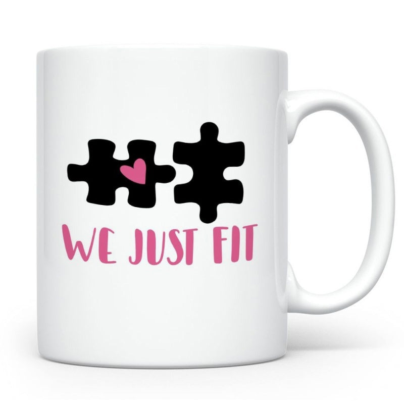 Tailorly White Ceramic 11 oz Mug - We Just Fit Two Interlocking Black Silhouettes Featuring Small Pink Heart Puzzle