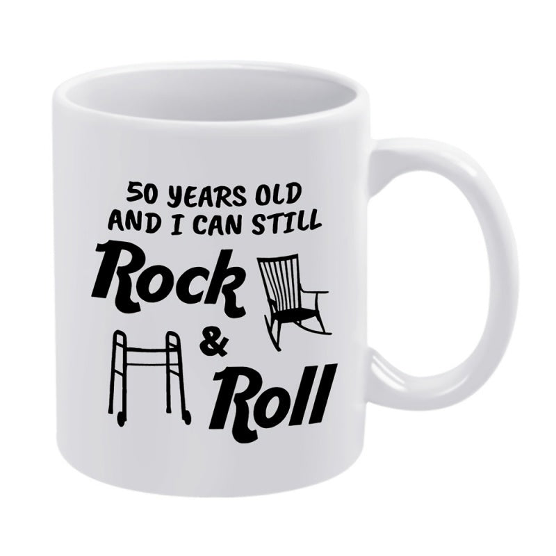 Tailorly White Ceramic 11 oz Mug - 50 Years Old And I Can Still Rock Roll Minimalist White Surface Featuring Graphic Outlines Of Rocking Chair And Walker Mug