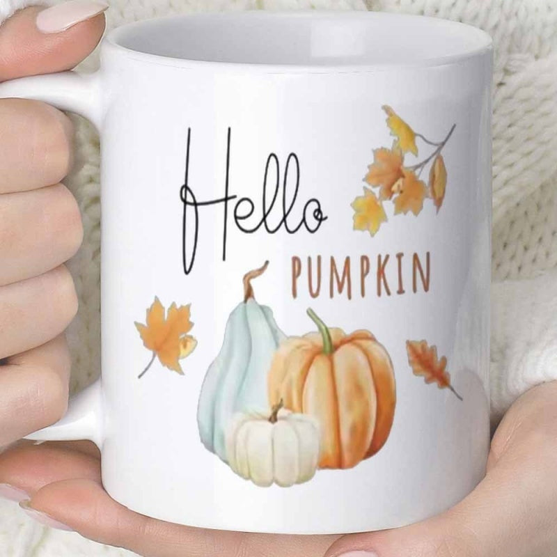 Tailorly White Ceramic 11 oz Mug - Hello Pumpkin Watercolor Autumn Leaves And Assorted Pumpkins Arranged With Seasonal Warmth Pumpkin