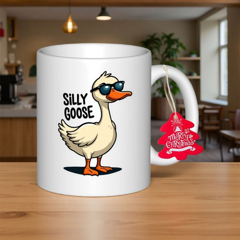 Tailorly White Ceramic 11 oz Mug - Silly Goose Playful Cartoon Bird Character Wearing Stylish Dark Black Sunglasses Goose
