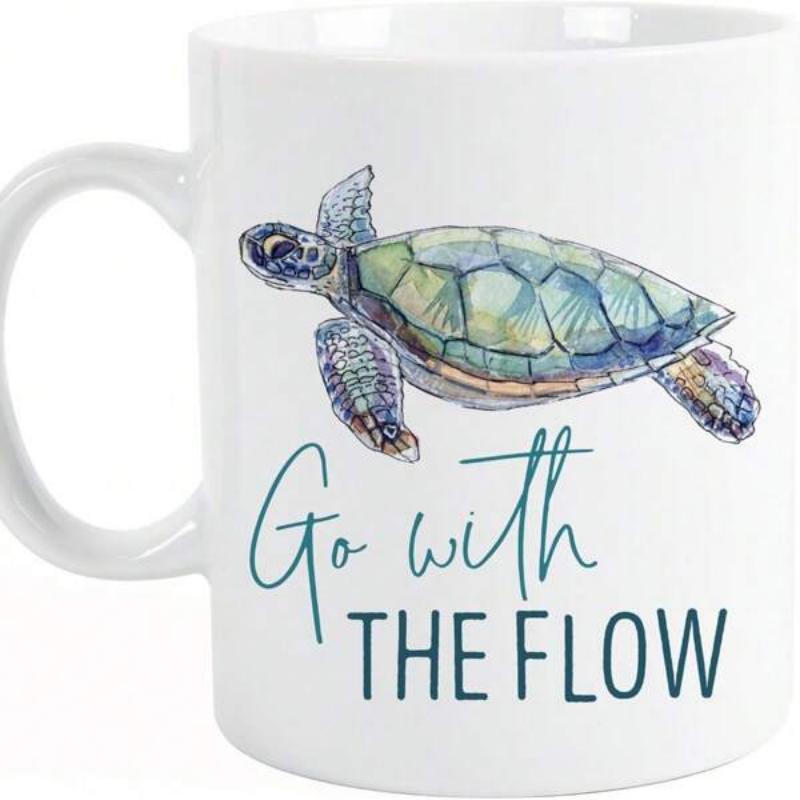Tailorly White Ceramic 11 oz Mug - Go With The Flow Watercolor Style Sea Turtle Swimming Gracefully Through Calm Deep Blue Ocean Turtle