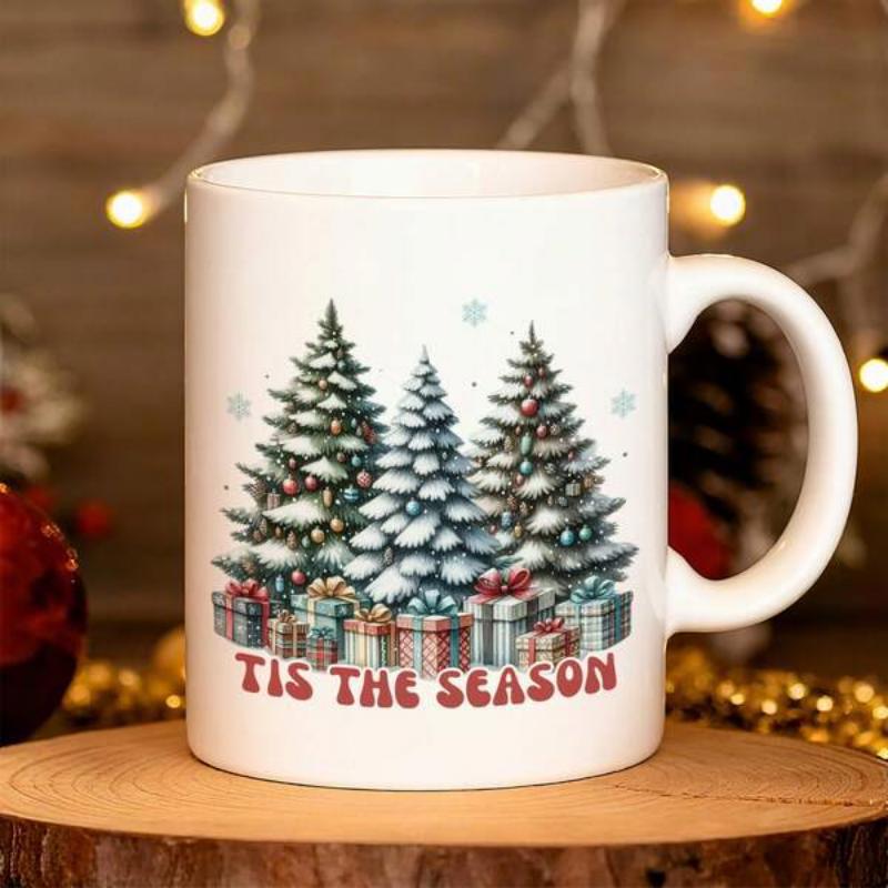 Tailorly White Ceramic 11 oz Mug - Tis The Season Snowy Winter Evergreen Trees With Decorative Gift Boxes And Falling Snow Tree