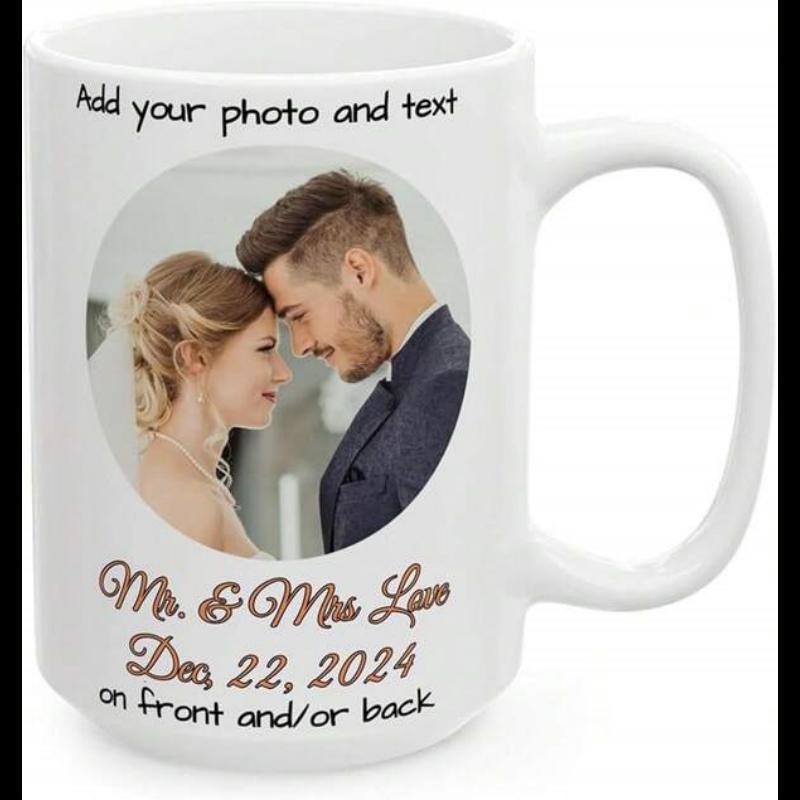 Tailorly White Ceramic 11 oz Mug - Add Your Photo And Text Mr Mrs Love Dec 22 2024 On Front And Or Back Romantic Wedding Portrait Set Within A Circular Frame On A
