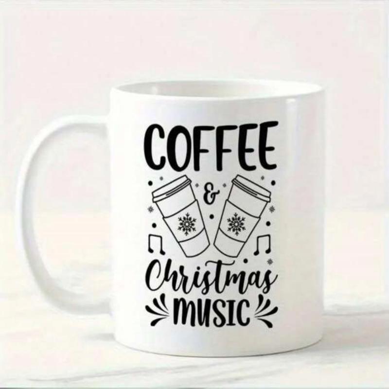 Tailorly White Ceramic 11 oz Mug - Coffee Christmas Music Decorative Festive Takeaway Cups With Snowflakes And Dancing Musical Note Accents Mug