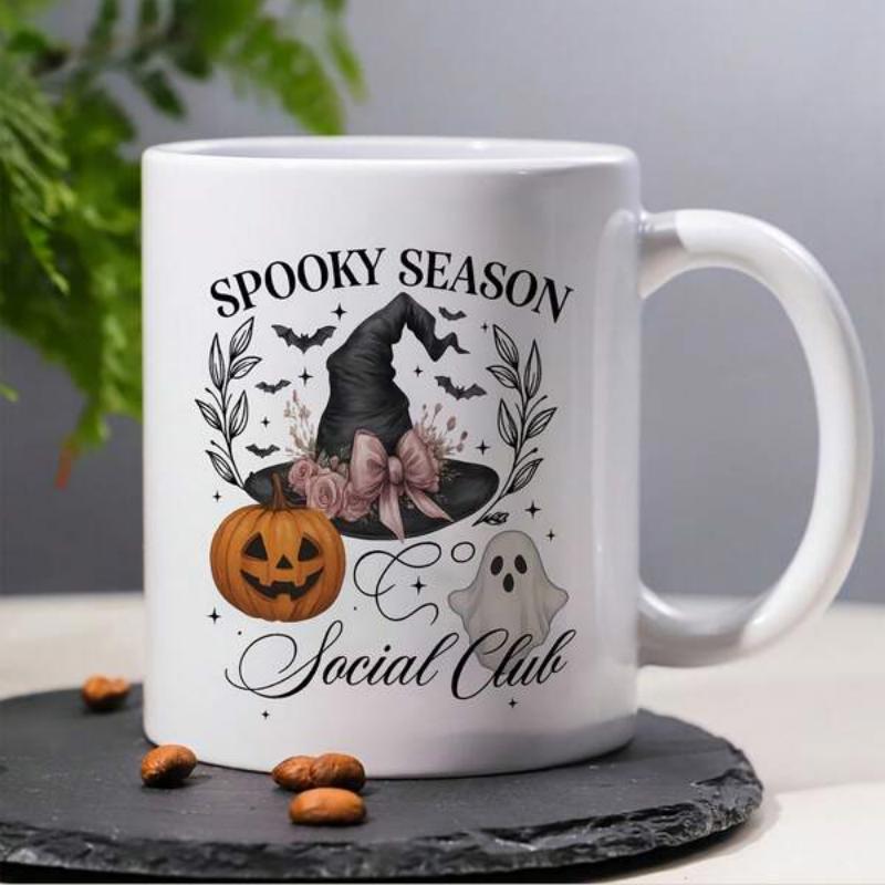 Tailorly White Ceramic 11 oz Mug - Spooky Season Social Club Vintage Halloween Theme With Witch Hat And Ghost Among Floral Leaves Pumpkin