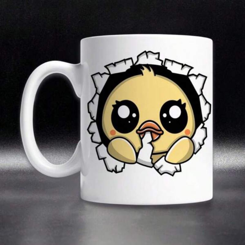 Tailorly White Ceramic 11 oz Mug - Cute Yellow Cartoon Chick Breaking Through A Cracked White Surface Chick