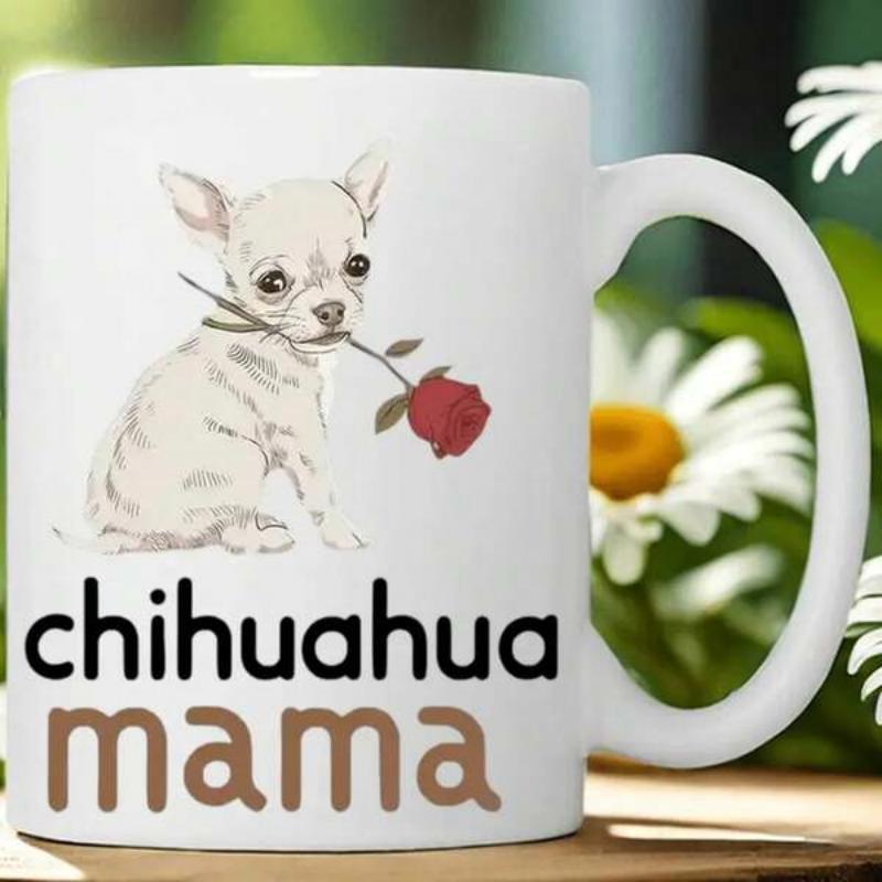Tailorly White Ceramic 11 oz Mug - Chihuahua Mama Gentle Little Dog Holding A Vibrant Red Rose Stem Gracefully Chihuahua