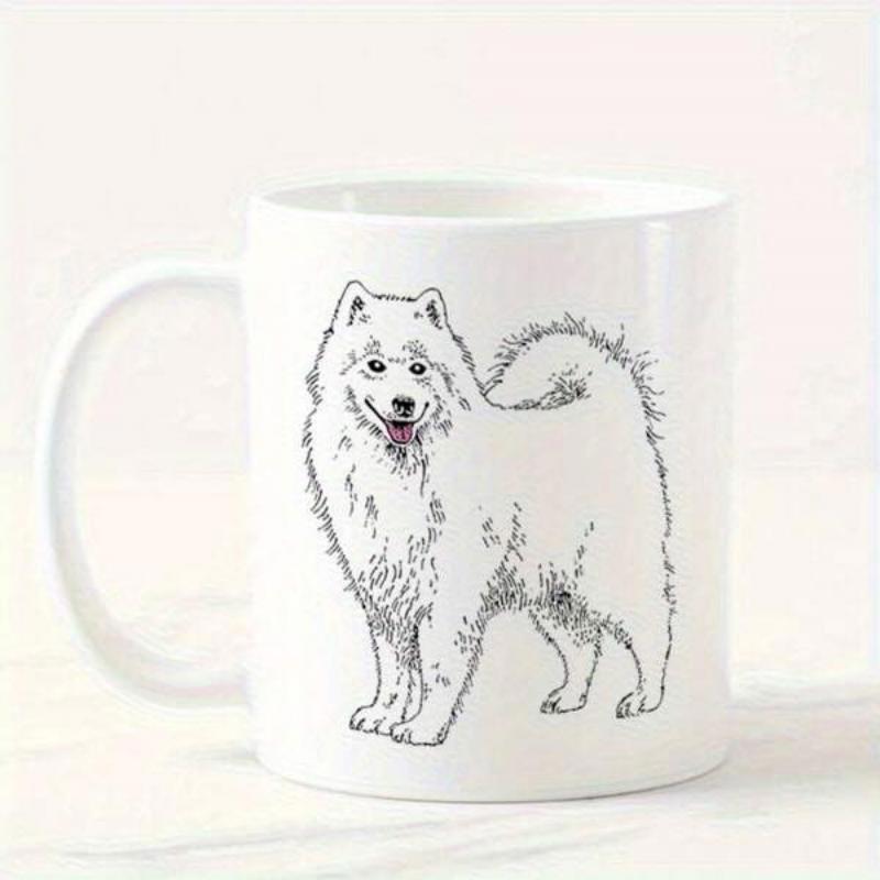 Tailorly White Ceramic 11 oz Mug - Hand Drawn Fluffy White Furry Standing Smiling Friendly Happy Pet Samoyed