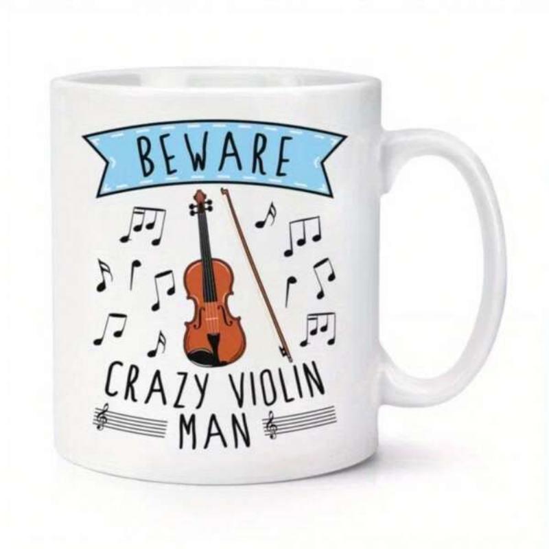 Tailorly White Ceramic 11 oz Mug - Beware Crazy Violin Man Musical Notes Floating Around Classical Wooden Instrument With Artistic Bow Violin