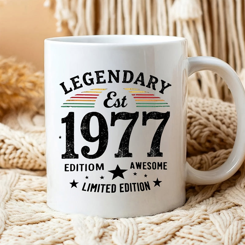 Tailorly White Ceramic 11 oz Mug - Legendary Est 1977 Edition Awesome Limited Edition Vintage Retro Sunset Stripes Featuring Weathered Distressed Texture And