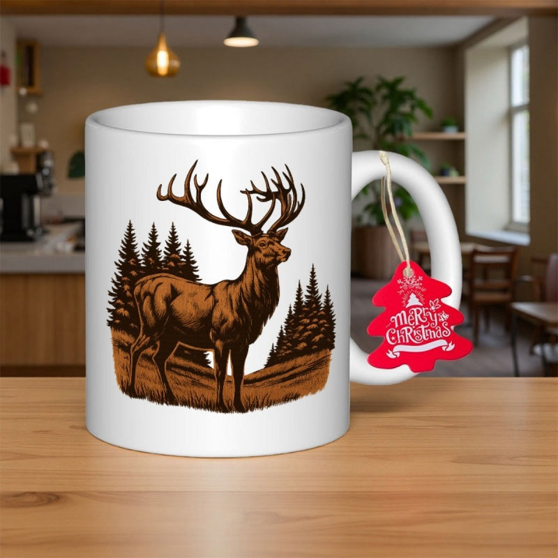 Tailorly White Ceramic 11 oz Mug - Merry Christmas Majestic Brown Stag Standing In Wild Forest Among Pine Trees Deer