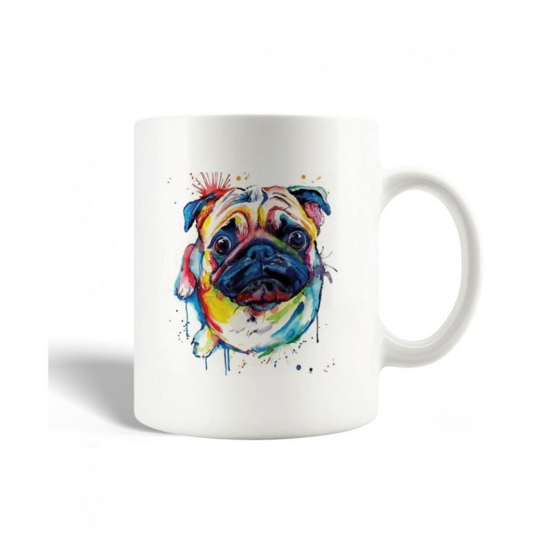 Tailorly White Ceramic 11 oz Mug - Vibrant Colorful Watercolor Splash Art Featuring A Cute Domestic Pet Pug