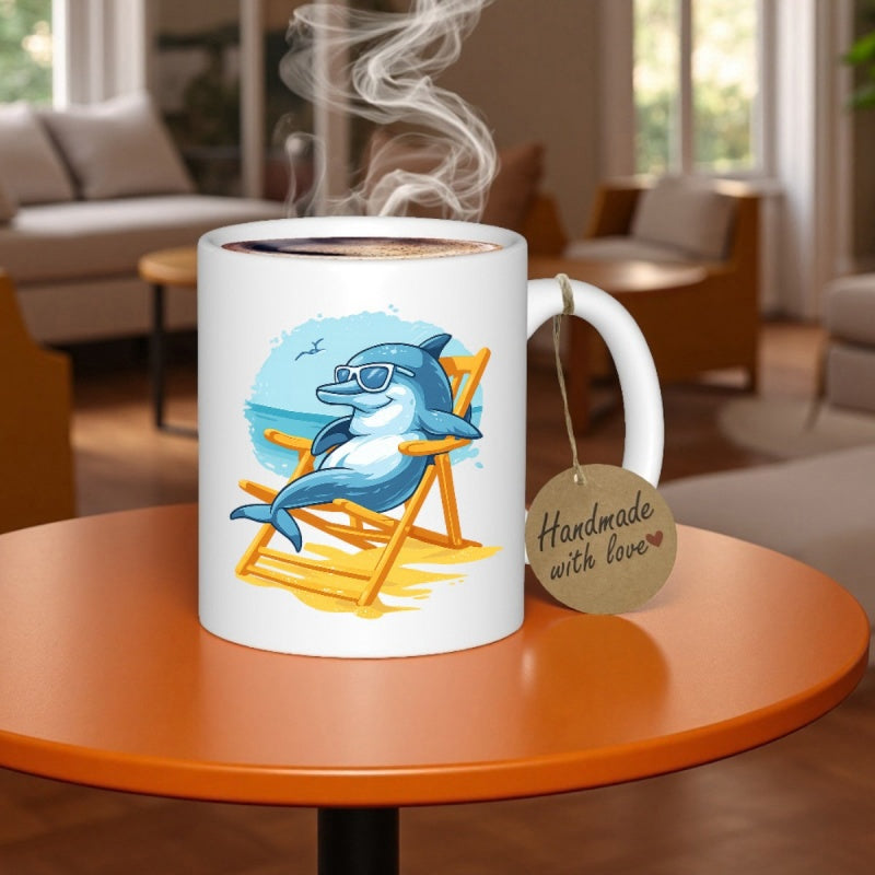 Tailorly White Ceramic 11 oz Mug - Smiling Cartoon Dolphin Wearing Sunglasses Relaxing On Beach Chair Under Sun Dolphin