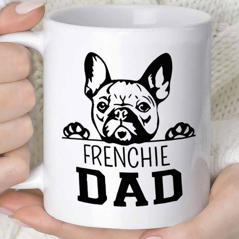 Tailorly White Ceramic 11 oz Mug - Frenchie Dad Minimalist Black Line Art Peeking Puppy With Ears And Paws Frenchie