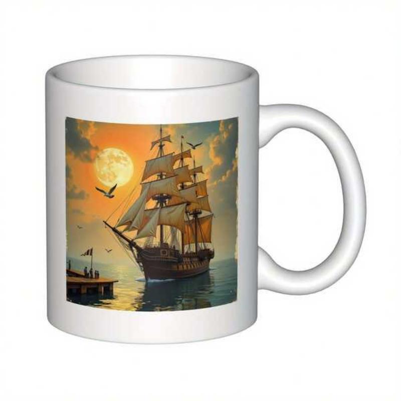 Tailorly White Ceramic 11 oz Mug - Majestic Vintage Vessel Sailing On Calm Waters Under Golden Sunset Sailboat