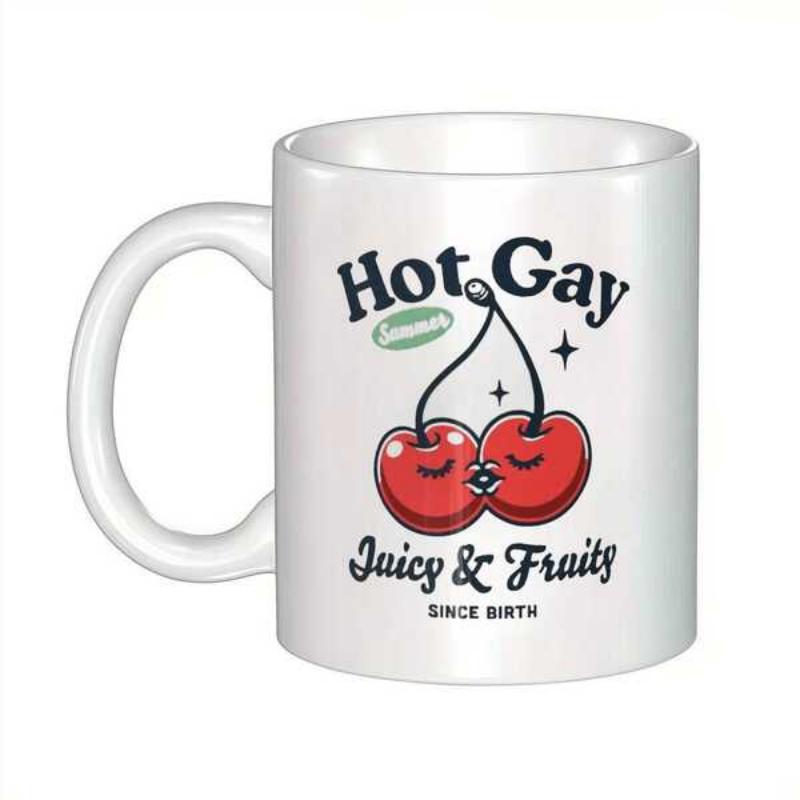 Tailorly White Ceramic 11 oz Mug - Hot Gay Summer Juicy Fruits Since Birth Two Vibrant Red Cherries Kissing Gently Surrounded By Minimalist Retro Sparkles Cherries