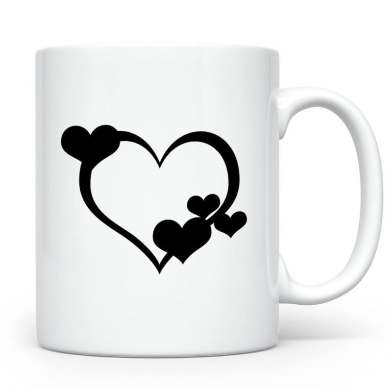 Tailorly White Ceramic 11 oz Mug - Elegant Black Silhouettes Of Multiple Hearts Floating Together On A Surface Heart
