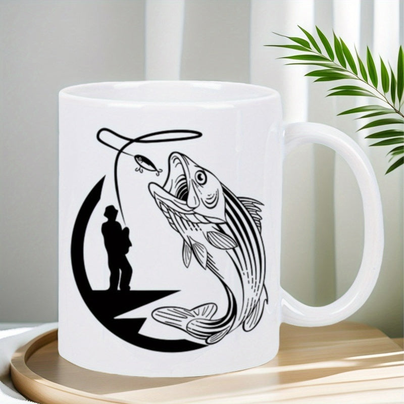 Tailorly White Ceramic 11 oz Mug - Silhouette Of A Lone Fisherman Catching A Large Majestic Striped Jumping Bass