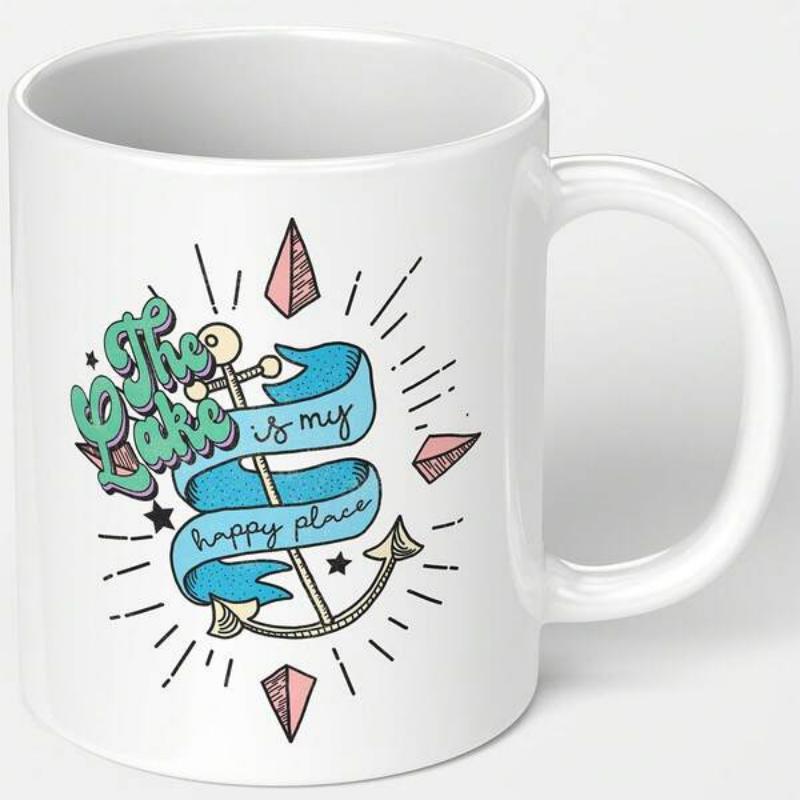 Tailorly White Ceramic 11 oz Mug - The Lake Is My Happy Place Artistic Nautical Theme With Elegant Blue Ribbon And Stars Anchor