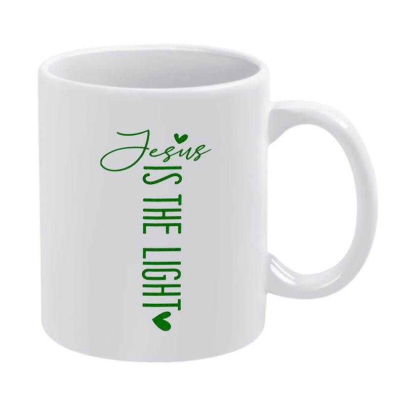Tailorly White Ceramic 11 oz Mug - Jesus Is The Light Elegant Vertical Green Lettering With Small Decorative Heart Elements Sign