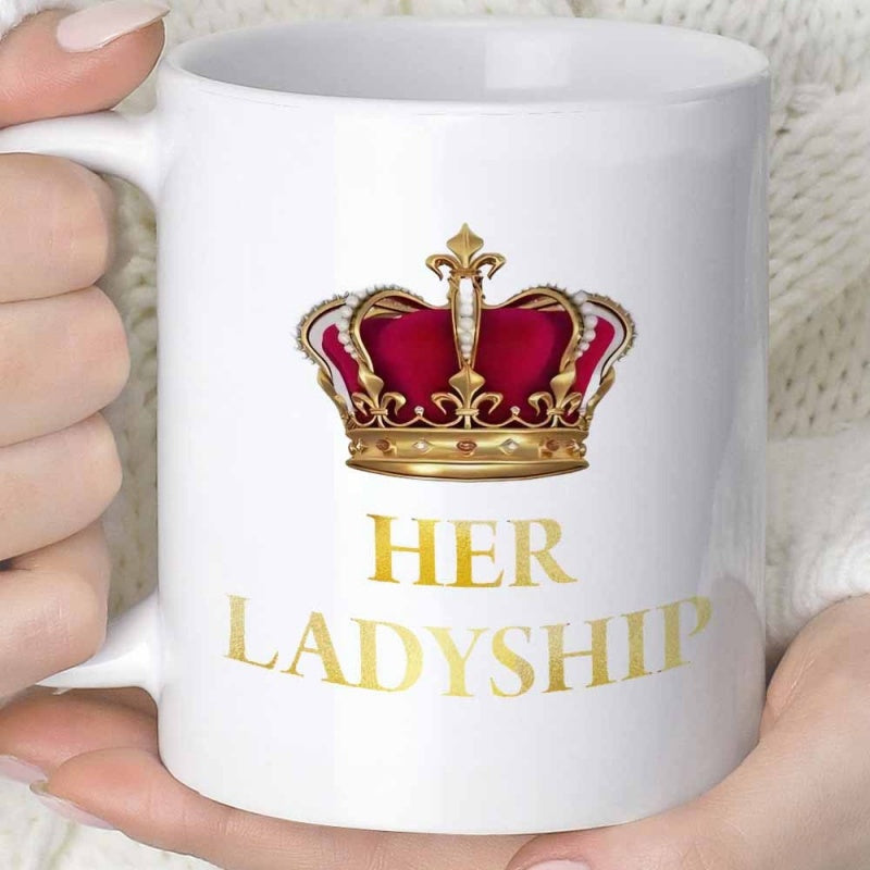 Tailorly White Ceramic 11 oz Mug - Her Ladyship Ornate Golden Royal Crown Featuring Red Velvet Interior Detailing Majestic Crown