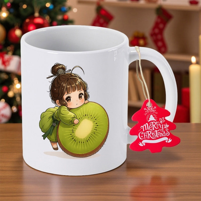 Tailorly White Ceramic 11 oz Mug - Merry Christmas Adorable Cartoon Girl Embracing A Large Vibrant Sliced Green Fruit Kiwi