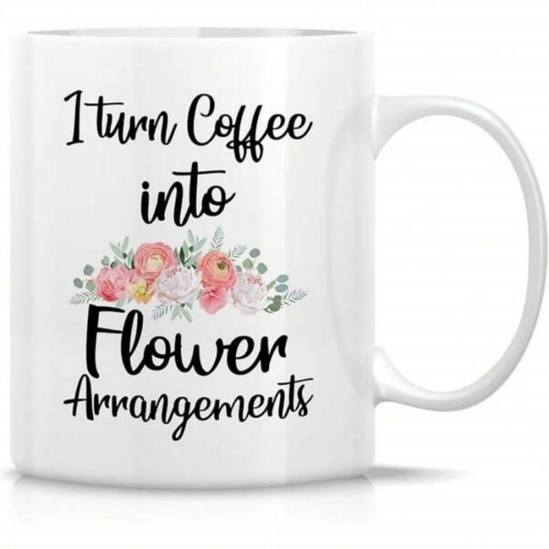 Tailorly White Ceramic 11 oz Mug - I Turn Coffee Into Flower Arrangements Soft Watercolor Blooming Peonies Among Delicate Pastel Green Leaves Flowers