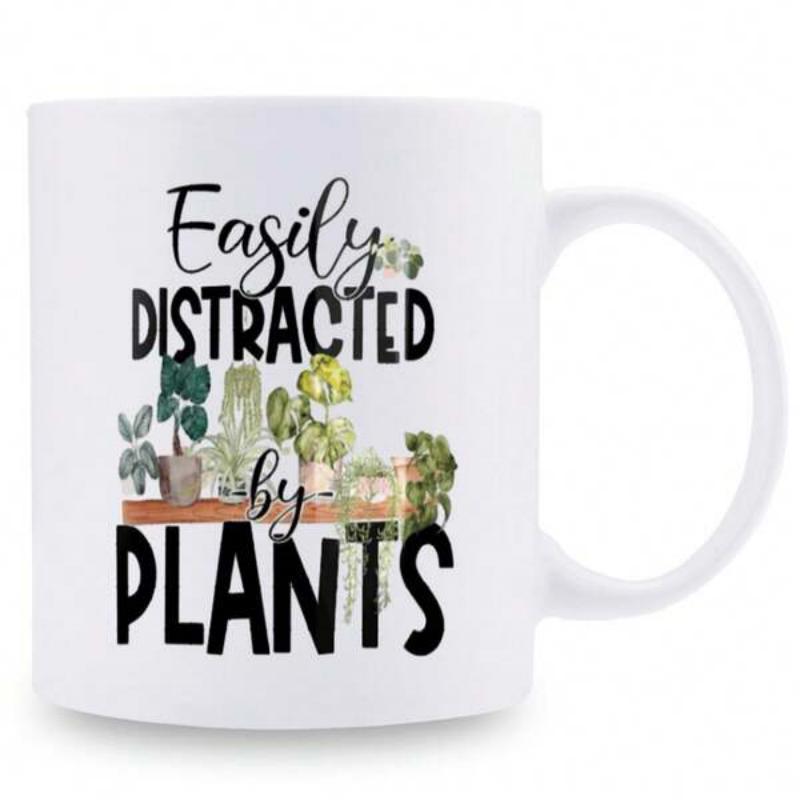 Tailorly White Ceramic 11 oz Mug - Easily Distracted By Plants Potted Succulents And Leaves Sitting On A Natural Wood Shelf Plant