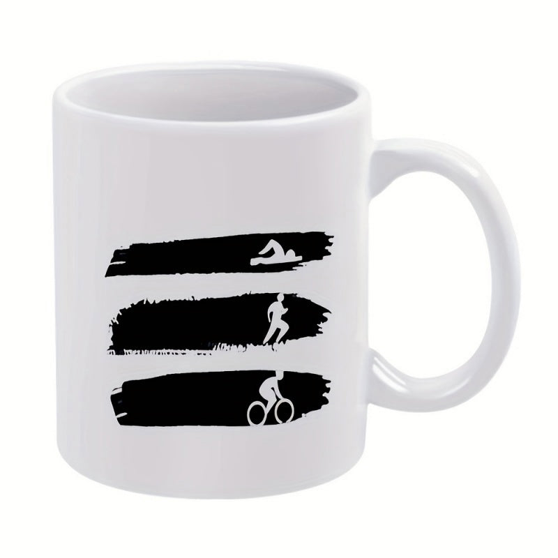 Tailorly White Ceramic 11 oz Mug - Athletic Silhouettes Within Black Brush Strokes Showcasing Endurance And Strength Triathlon