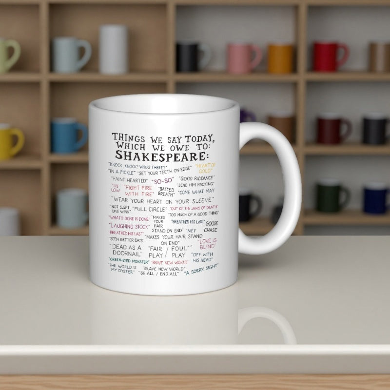 Tailorly White Ceramic 11 oz Mug - Things We Say Today Which We Owe To Shakespeare Minimalist White Ceramic With Artistic Typography Arranged In Central Block Mug