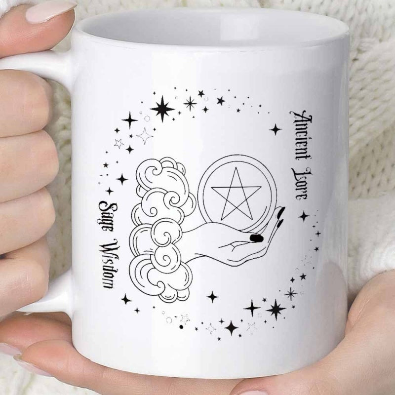 Tailorly White Ceramic 11 oz Mug - Ancient Lore Sage Wisdom Mystical Hand Holding Pentacle Among Twinkling Stars And Clouds Hand
