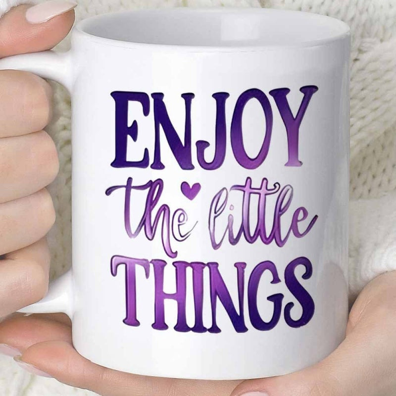 Tailorly White Ceramic 11 oz Mug - Enjoy The Little Things Elegant Purple Gradient Script Featuring A Centered Minimalist Heart Quote
