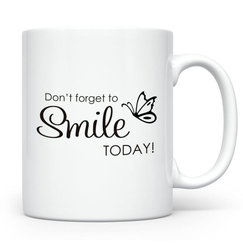 Tailorly White Ceramic 11 oz Mug - Don't Forget To Smile Today Small Minimalist Line Art Drawing Flying Gently Above Positive Script Text Butterfly