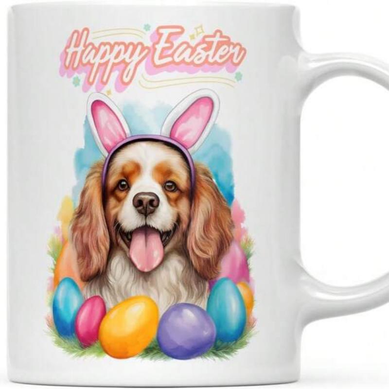 Tailorly White Ceramic 11 oz Mug - Happy Easter Cute Spaniel Wearing Pink Bunny Ears Surrounded By Colorful Vibrant Easter Eggs Dog