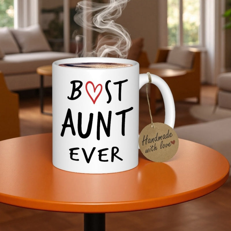 Tailorly White Ceramic 11 oz Mug - Best Aunt Ever Simple Bold Handwritten Script Featuring Small Centered Red Heart Shape Mug