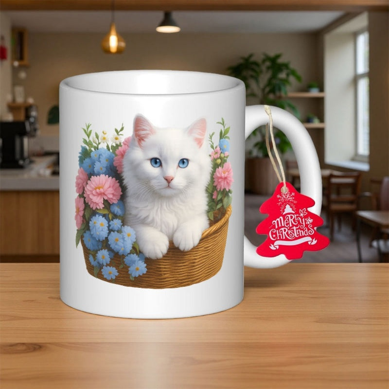 Tailorly White Ceramic 11 oz Mug - Merry Christmas Fluffy White Longhaired Feline Resting Within A Rustic Woven Basket Of Flowers Cat