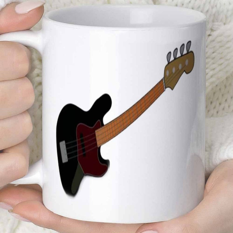 Tailorly White Ceramic 11 oz Mug - Sleek Musical Instrument Design Featuring A Solid Black Body Electric Bass