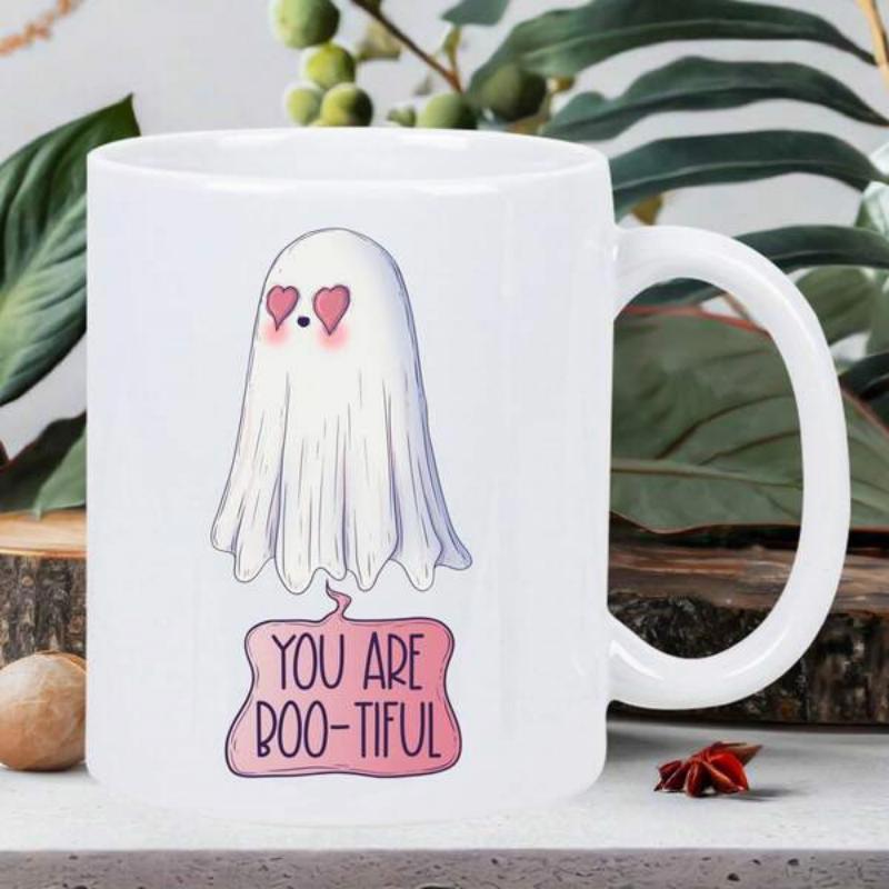 Tailorly White Ceramic 11 oz Mug - You Are Boo-tiful Cute Smiling Character With Pink Heart Eyes Floating Above A Bubble Ghost