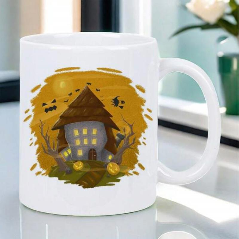 Tailorly White Ceramic 11 oz Mug - Spooky Haunted House Surrounded By Glowing Pumpkins And Ancient Gnarled Trees House