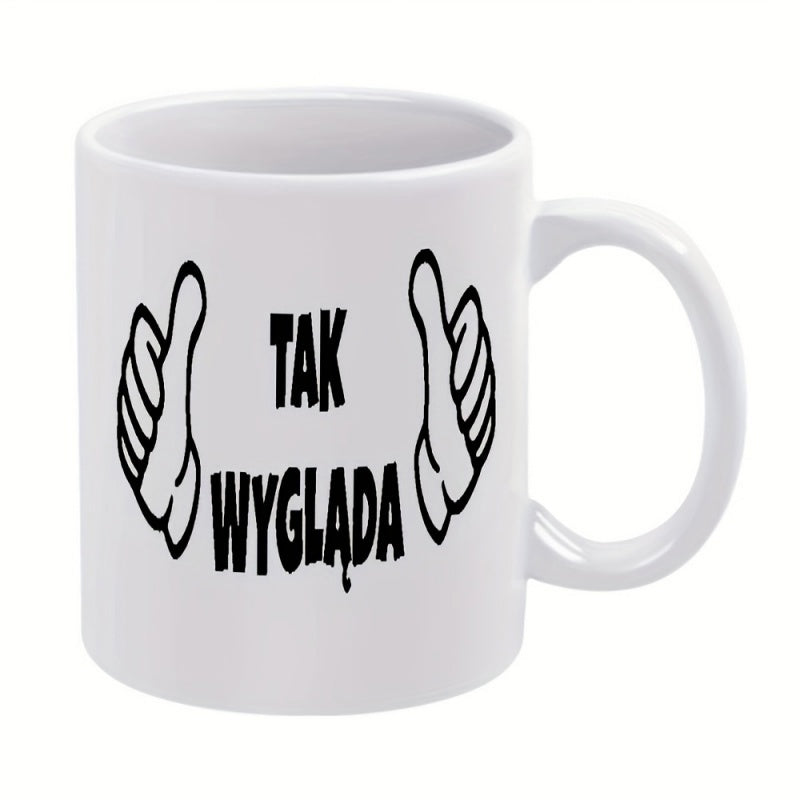 Tailorly White Ceramic 11 oz Mug - Minimalist Black Outlined Illustration Of Two Positive Thumbs Up Symbolizing Success Hand