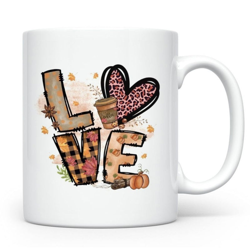 Tailorly White Ceramic 11 oz Mug - Love Seasonal Autumn Motifs With Leopard Print And Buffalo Plaid Texture Heart