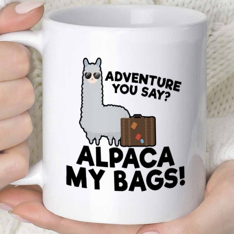 Tailorly White Ceramic 11 oz Mug - Adventure You Say Alpaca My Bags Gray Animal Wearing Sunglasses Standing By A Vintage Suitcase Alpaca