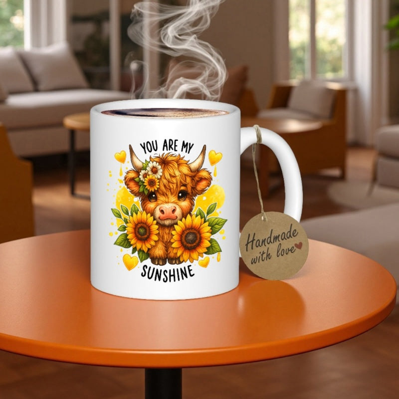Tailorly White Ceramic 11 oz Mug - You Are My Sunshine Adorable Brown Cattle Decorated With Radiant Sunflowers And Golden Hearts Highland Cow