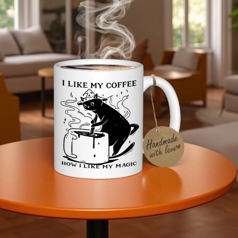 Tailorly White Ceramic 11 oz Mug - I Like My Coffee How I Like My Magic Whimsical Black Wizard Cat Stirring Steaming Cauldron Among Magical Swirling Smoke Cat