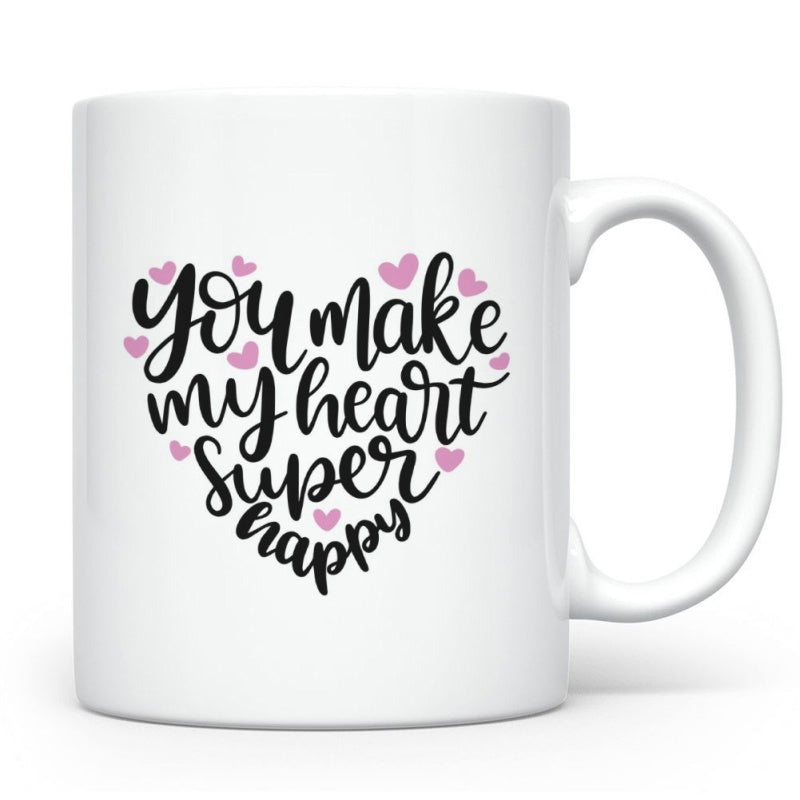 Tailorly White Ceramic 11 oz Mug - You Make My Heart Super Happy Small Delicate Pink Hearts Forming A Large Loving Romantic Heart Shape Heart